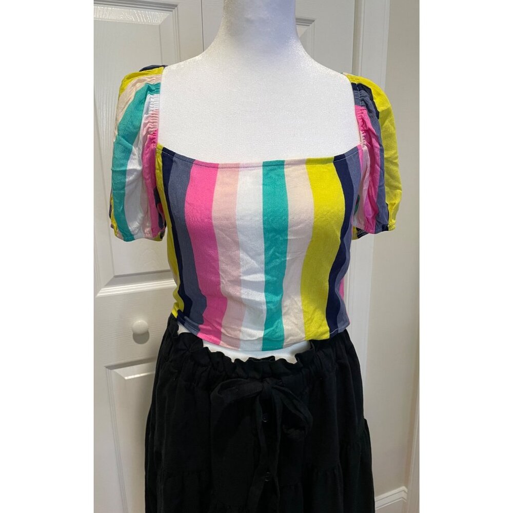 Womens Striped Milkmaid Top Size‎ M Y2K Colorful Puff Sleeves Ruched Dainty Boho